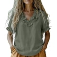 thumbnail image 5 of Yrmaups Loose Fit Short Sleeve T Shirt for Women, Casual V Neck Ruffle Blouse, Soft Stretch Everyday Tee for Beach Travel Office Daily Wear, Army Green 2XL, 5 of 9
