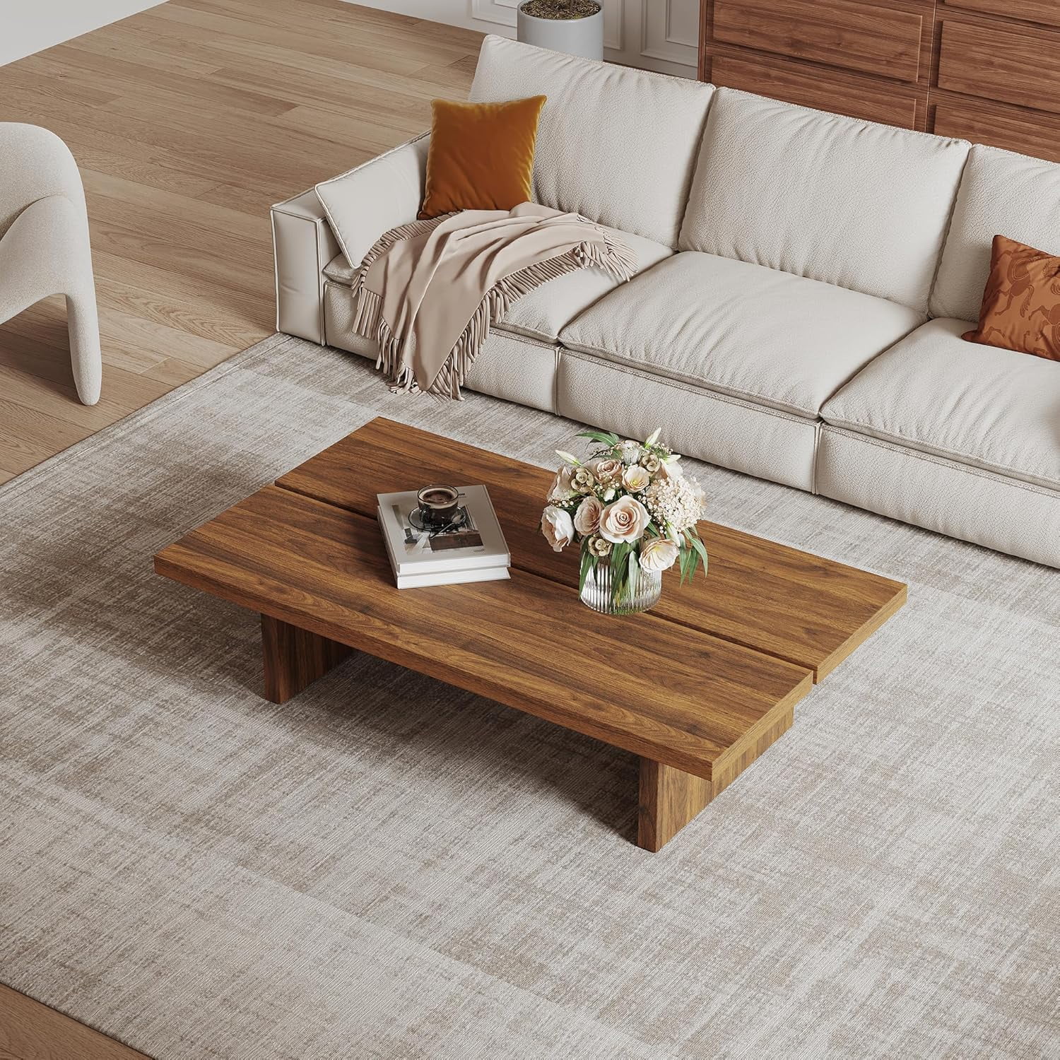 FHKJ 47 Inch Rectangular Wood Coffee Table, Modern Farmhouse Coffee Table for Living Room, Brown Minimalist Center Table