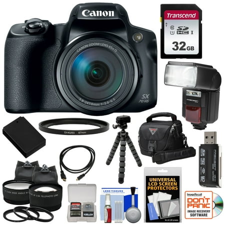 Canon PowerShot SX70 HS 4K Wi-Fi Digital Camera with 32GB Card + Battery + Case + Flex Tripod + Flash + Video Light + Tele/Wide Lens