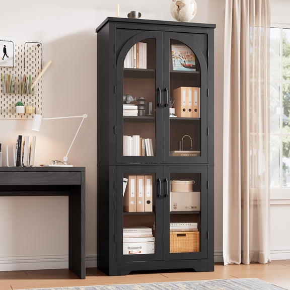70" Modern Pantry Cabinet with 4 Arched Glass Doors – Adjustable Shelves, Curved MDF Cupboard for Kitchen, Dining Room, Living Room, Bathroom