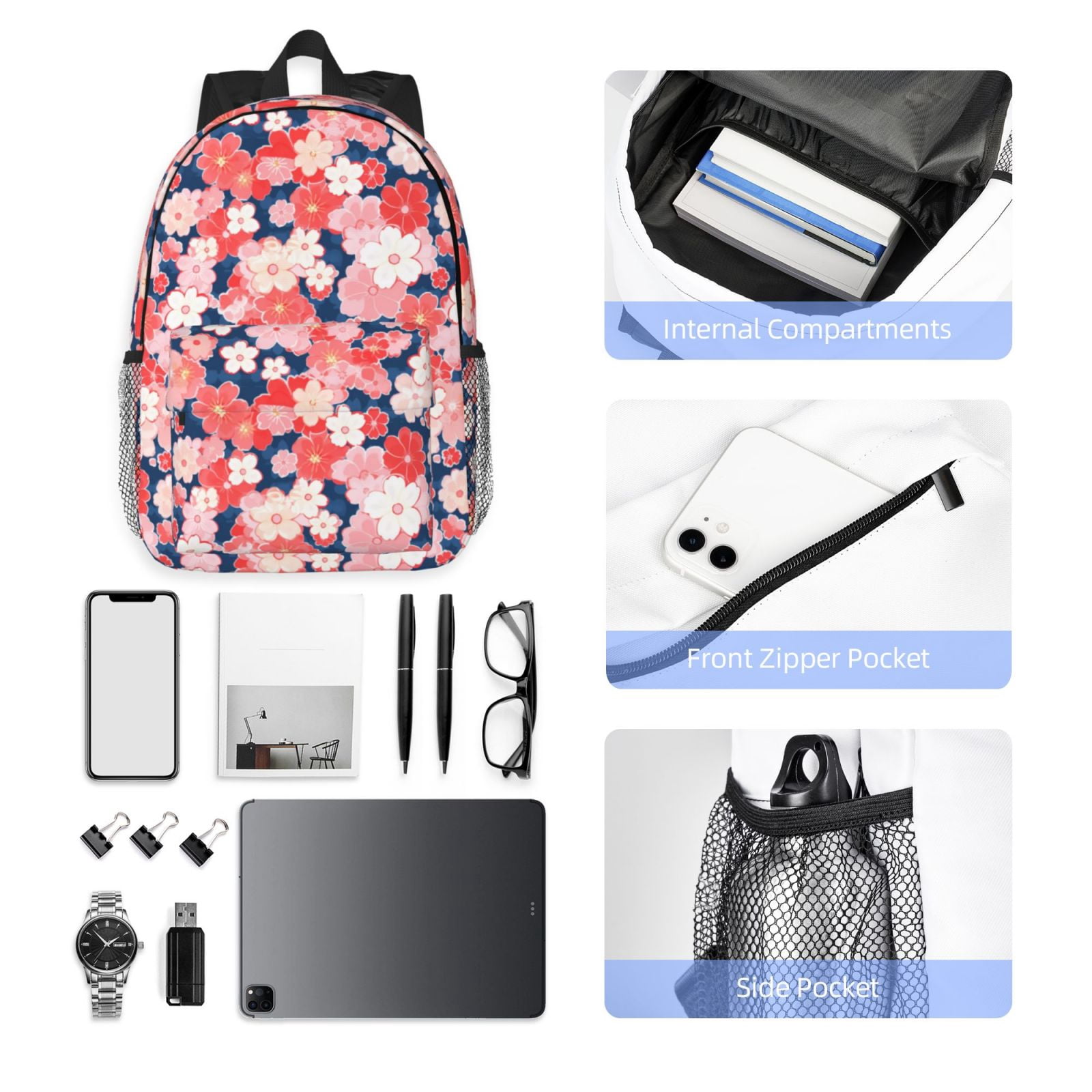 Rateoe Japanese Cherry Blossoms Pattern Student Backpack Water-resistant Backpack 15-inch Laptop Backpack Lightweight Adjustable School Backpack