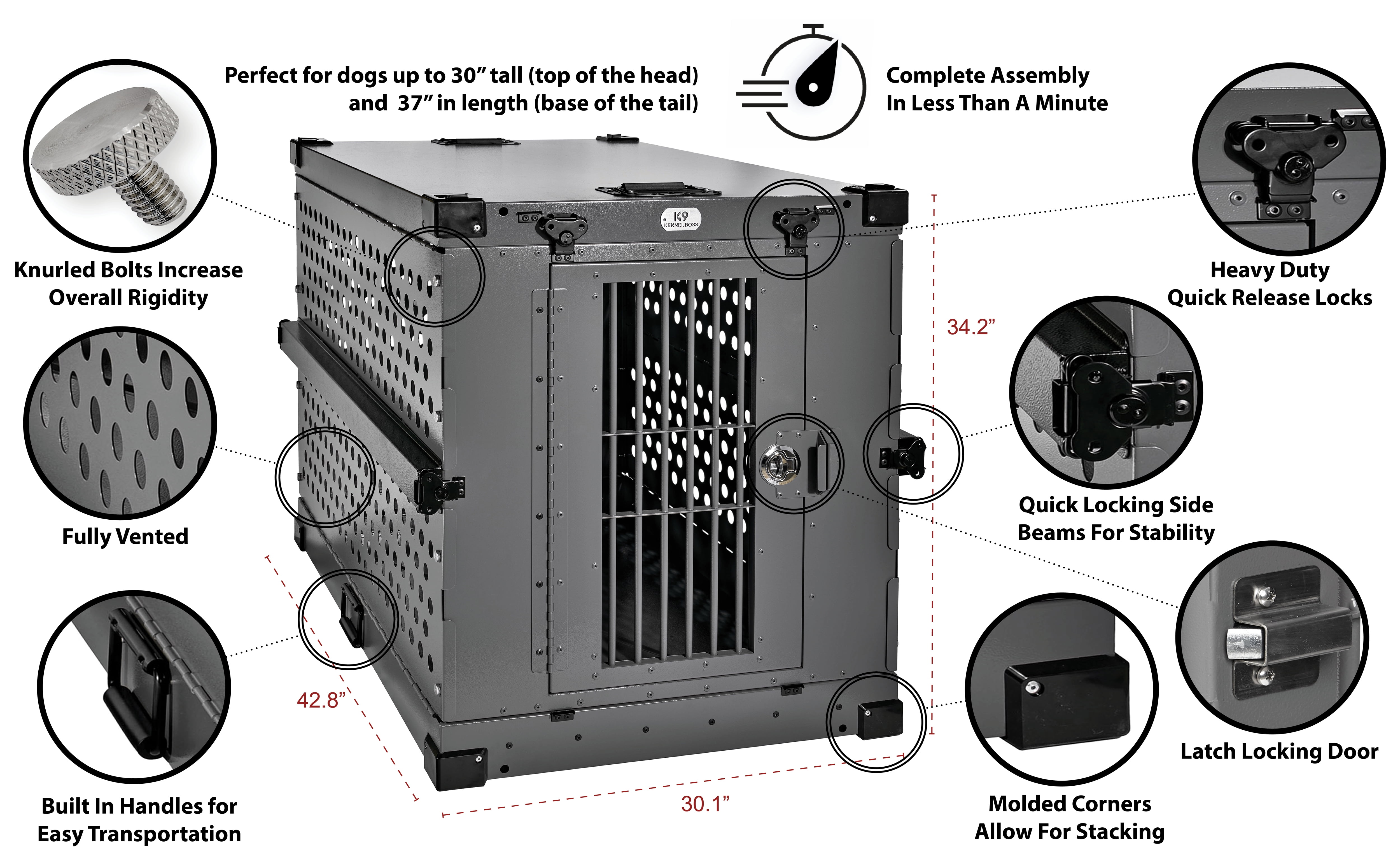 K9 KENNEL BOSS – LARGE – HEAVY DUTY FULLY COLLAPSIBLE POWDER-COATED ALUMINUM DOG CRATE