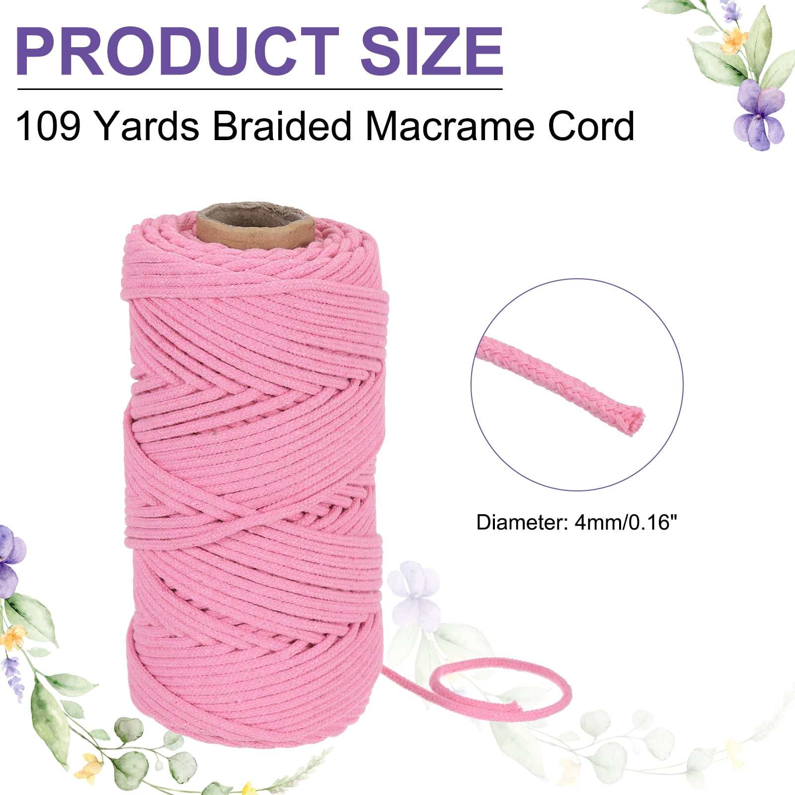 Braided Macrame Cord, 4mm x 109 Yards Natural Cotton Rope Macrame Yarn Bohemia Craft String with Scissors(Rose Pink)