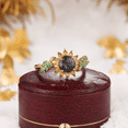 thumbnail image 4 of Round Cut Black Rutilated Quartz Leaf Floral Bridal Ring- Sunflower Design Citrine Emerald Wedding Ring- 14K Yellow Gold Vermeil, 4 of 6