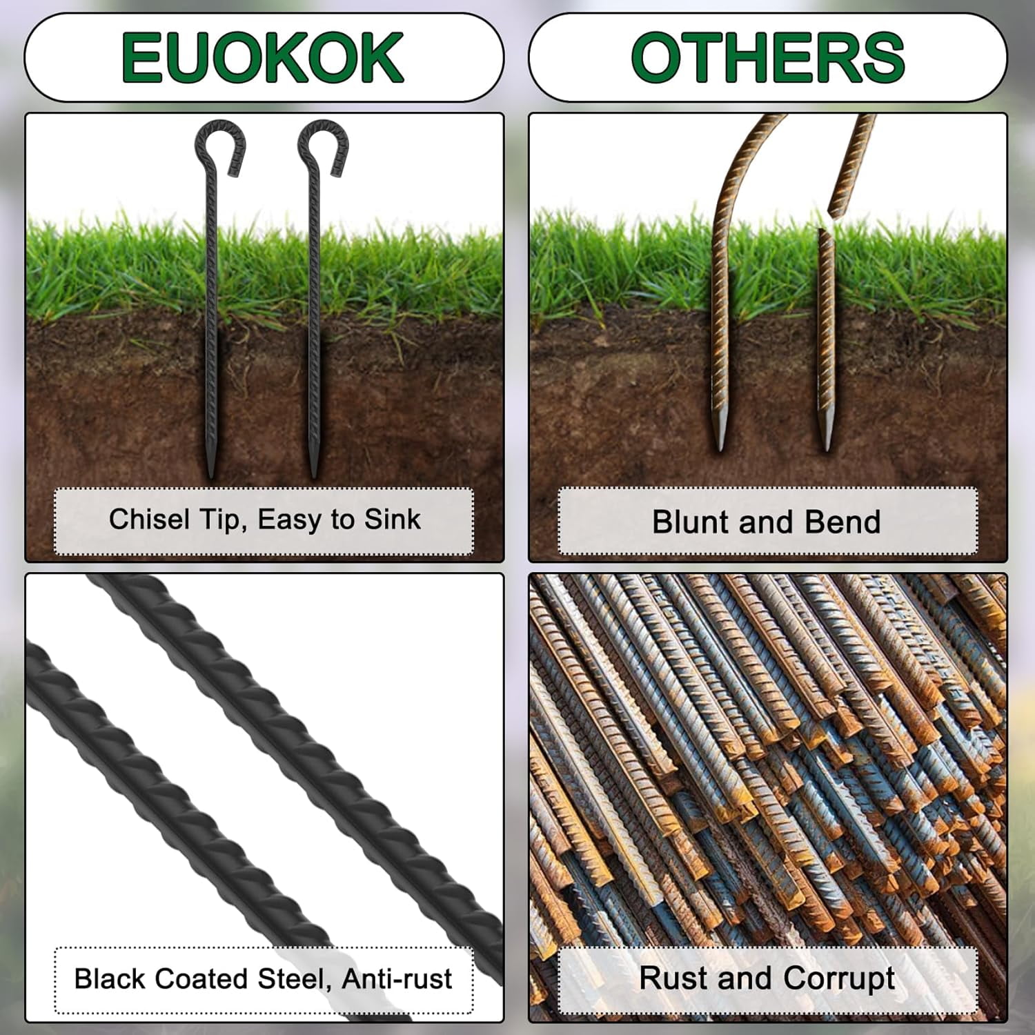 Heavy Duty 30 Inch Rebar Stakes 6 Pack - Black Steel Tent Anchors with  for Camping, Garden, and Yard