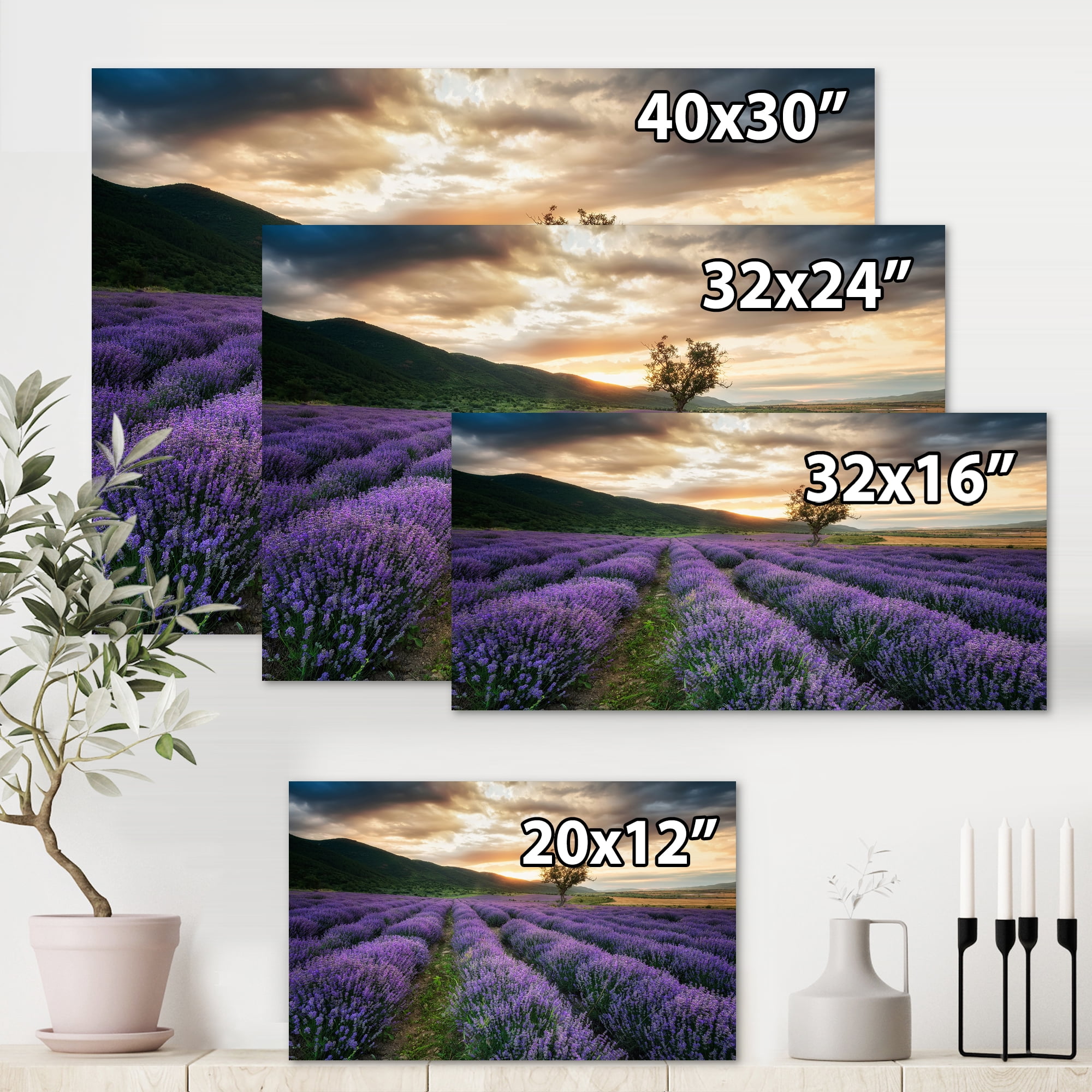 Designart ' Dramatic Clouds and Sunrise Over Lavender Field VII ' Farmhouse Canvas Wall Art Print