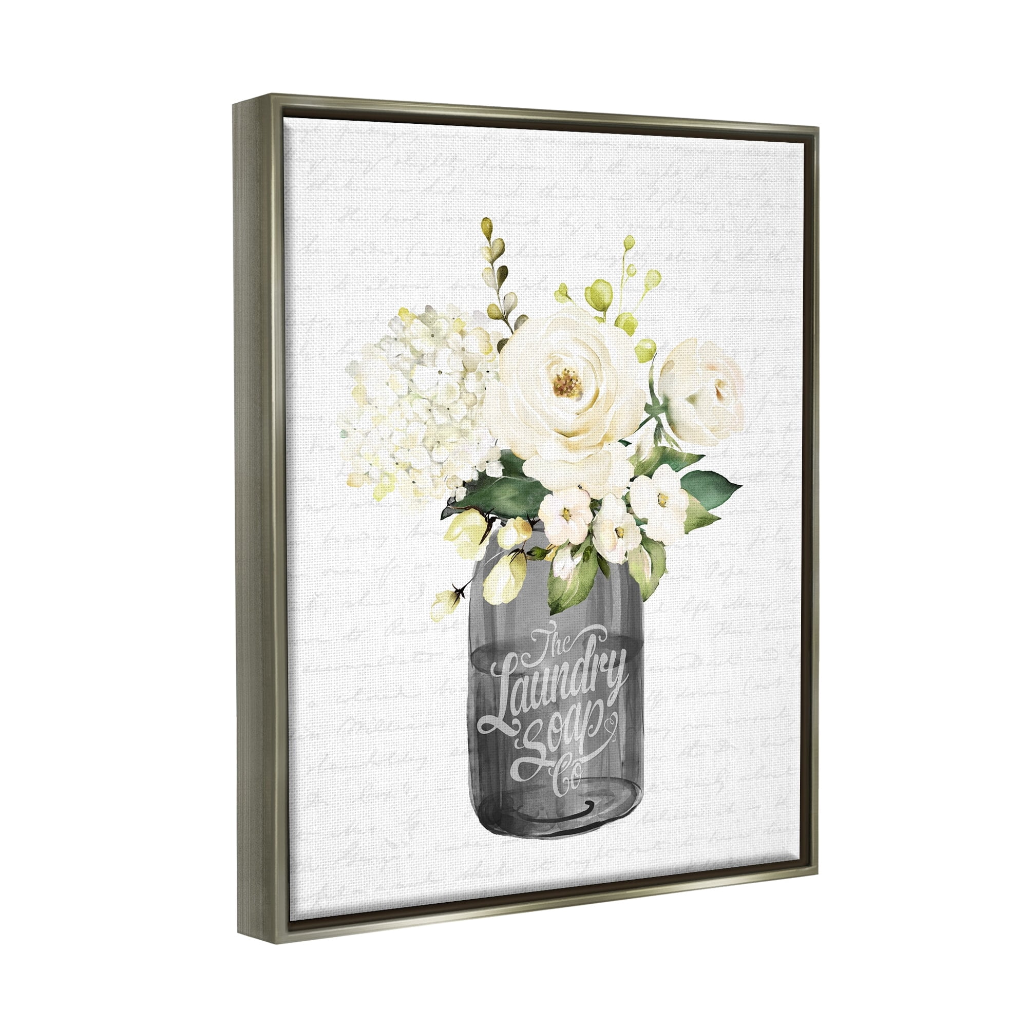 Stupell Industries White Flower Blossoms Laundry Jar Fancy Script Graphic Art Luster Gray Floating Framed Canvas Print Wall Art, Design by Lettered and Lined