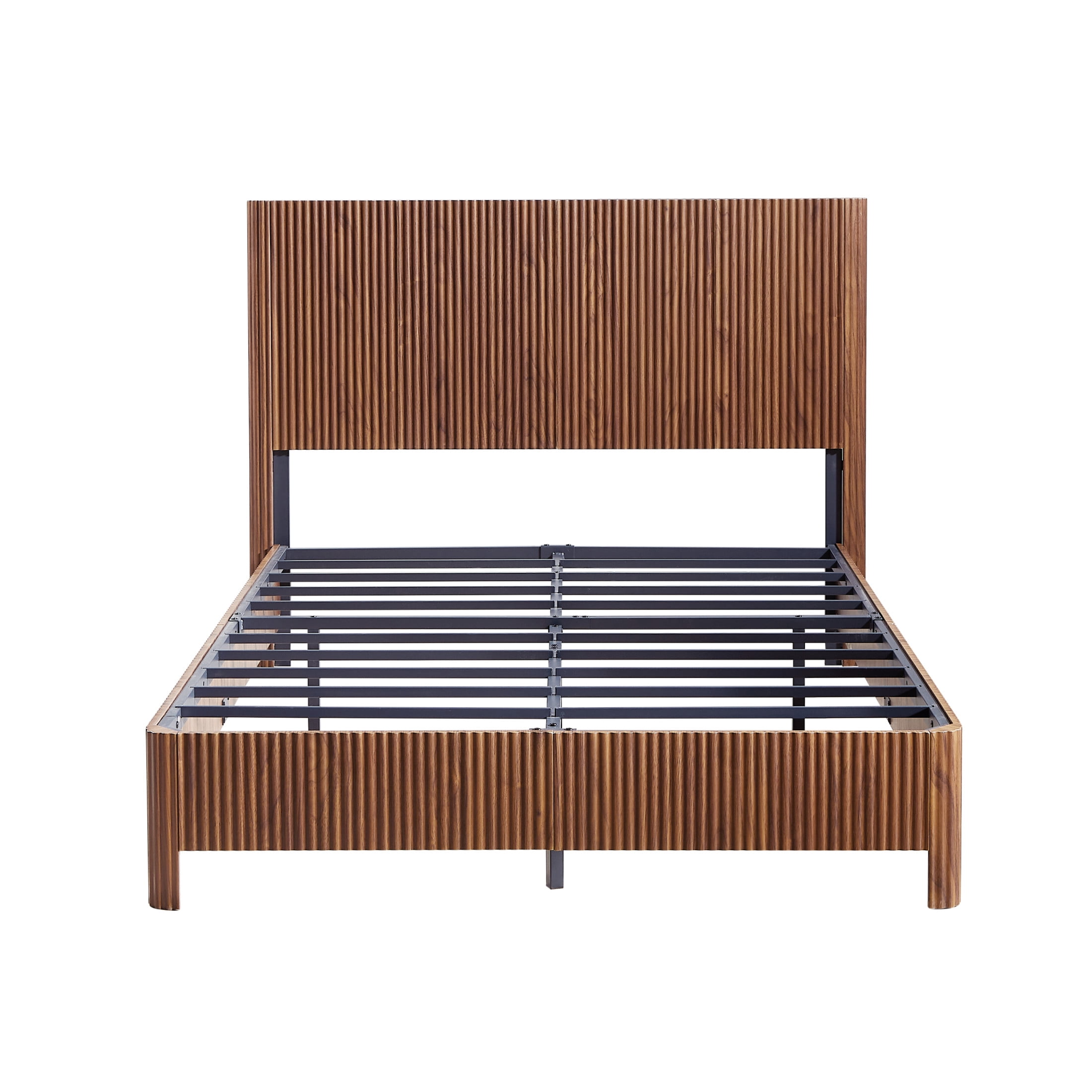Noble House Solley Full Platform Bed, Rustic Curved Wooden with Corrugated Accents, Heavy-Duty Frame, Walnut