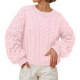 thumbnail image 2 of Cable Knit Sweater for Women Threaded Solid Color Crew Neck Sweaters Vintage Design Fall Long Sleeve Pullovers Top Winter Clothes Pink L, 2 of 4