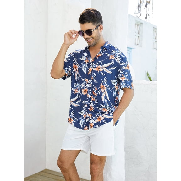 Hiauspor Men's Short Sleeve Hawaiian Shirt Floral Tropical Print, Casual Beach Style Button Down Shirts Navy L