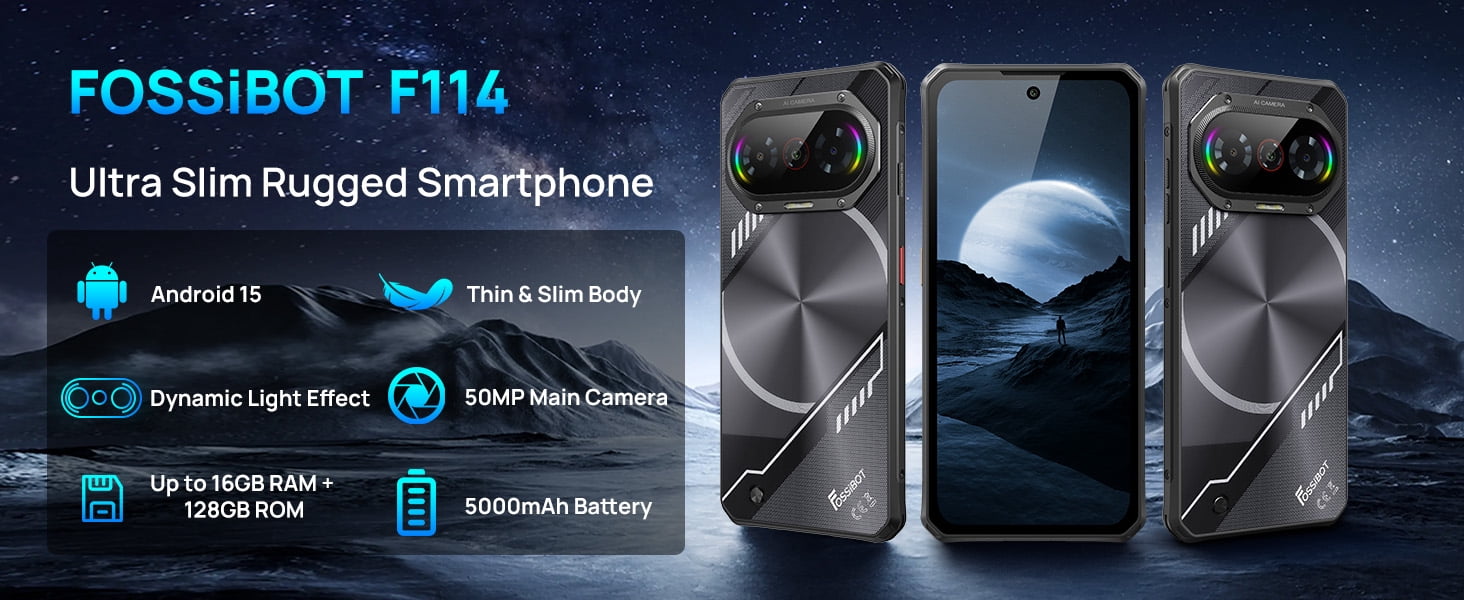 FOSSIBOT F114 Rugged Phone Unlocked Android 15, 16GB+128GB, 50MP AI Camera, 5000mAh Battery, Dual SIM 4G Mobile Phone,Triple Slot/NFC/Face ID/GPS