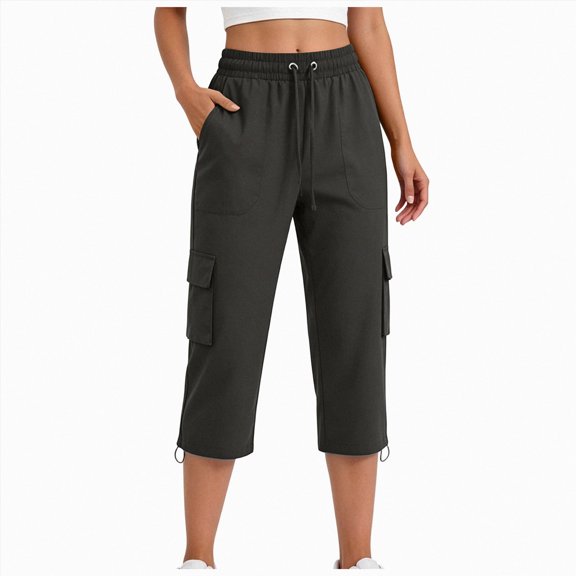 felwors Womens Capris with Pockets Loose Fit Casual Capri Pants Dressy Lightweight Ladies Baggy Cargo Pants for Hiking Dark Gray for Size XXL
