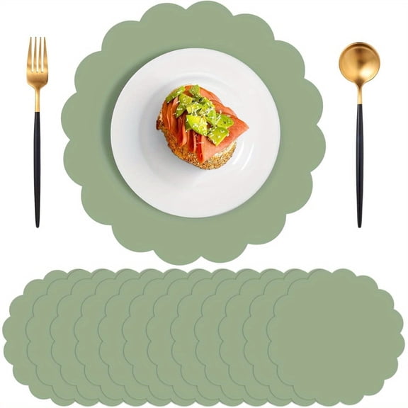 30 Pcs Sage Green Placemats, 13.5 Inch Disposable Scalloped Placemat Round Table Place Mats Decorative Paper for Birthday Wedding Bridal Shower Baby Shower Banquet Tea Party