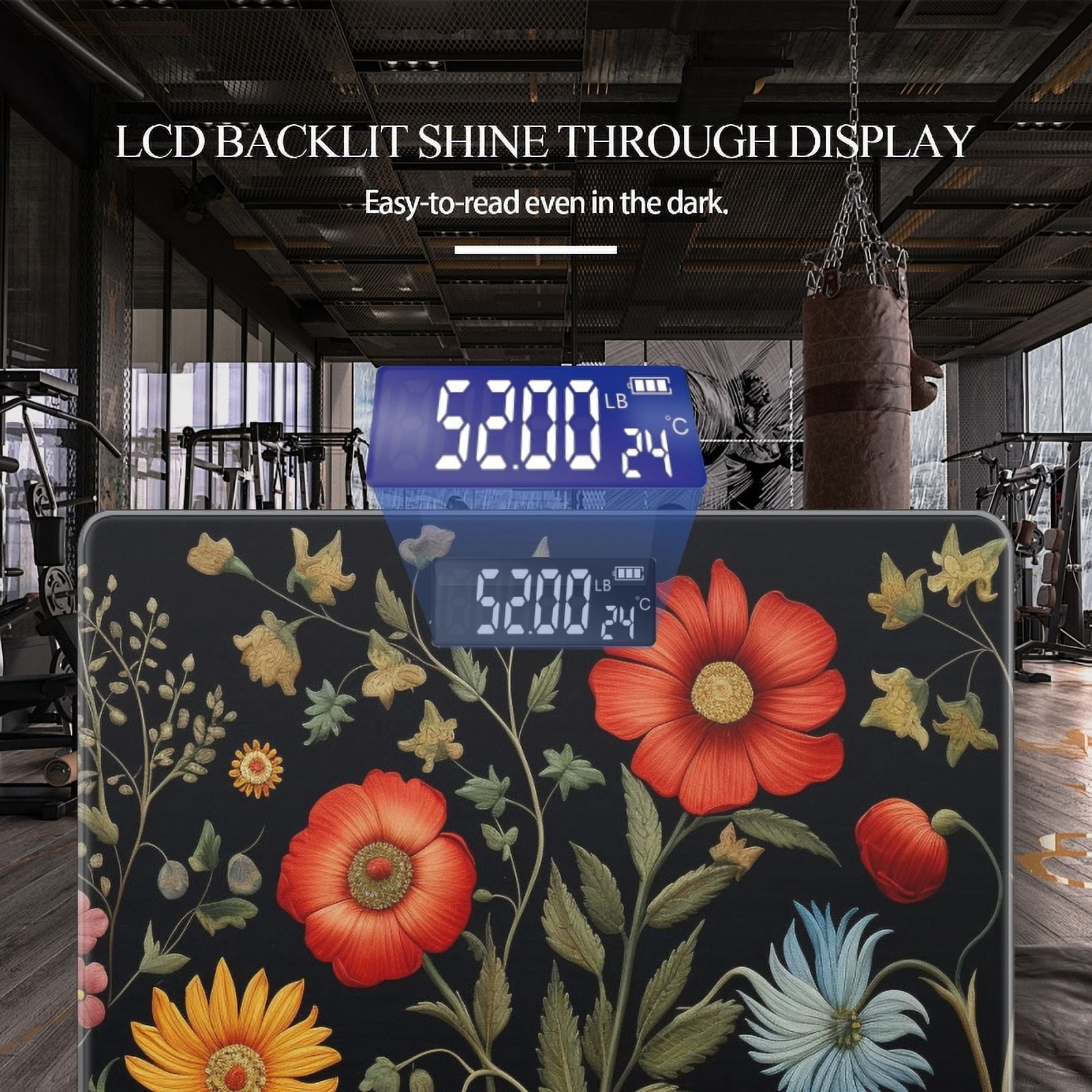 High Precision Body Weight Scale Smart Bathroom Scales with Large LCD Display(400lbs),Decorative for Bedroom-Detailed Wildflowers On Black Background