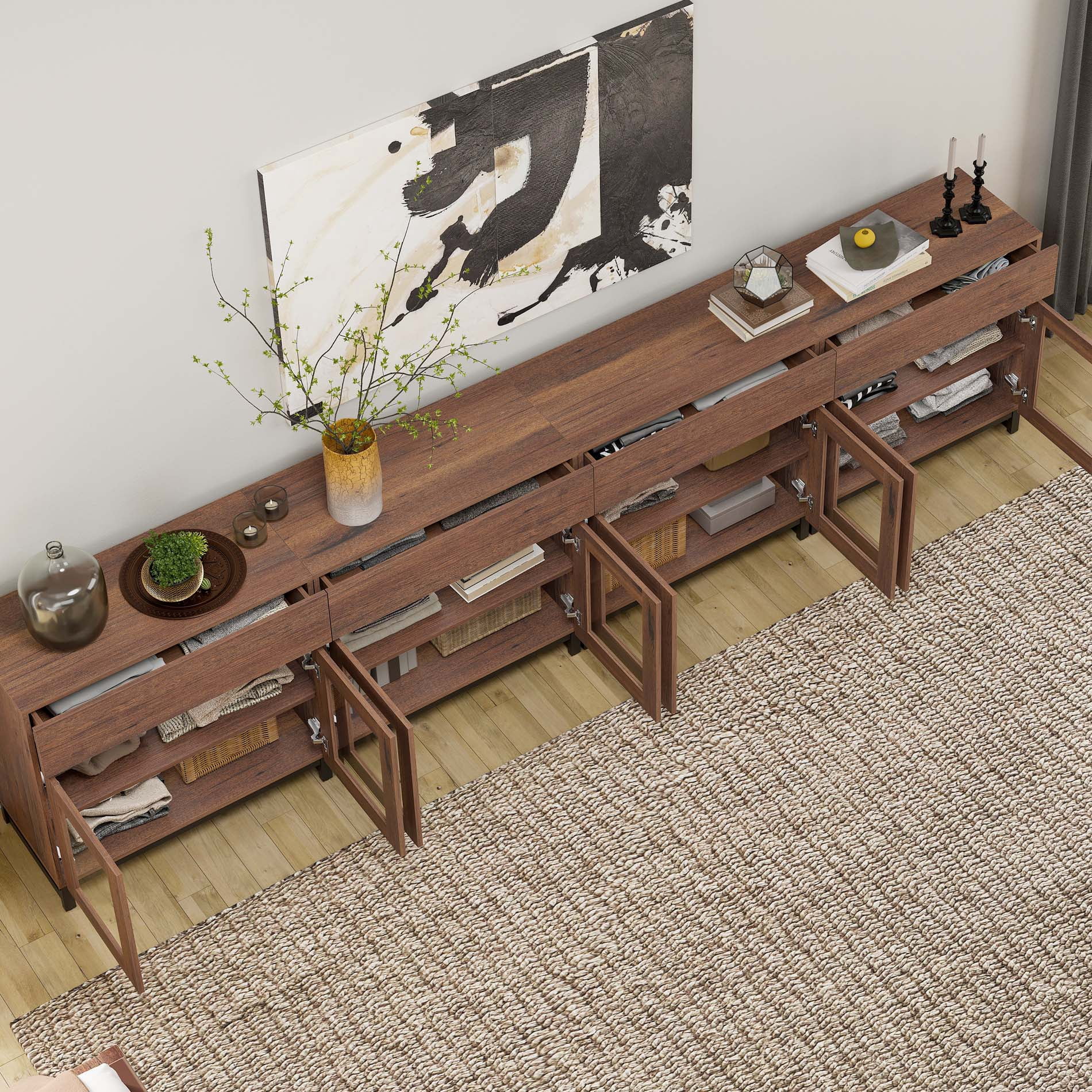 Modern 4-in-1 Modern TV Stand with Glass Doors & 4 Drawers, Reinforced Metal Base Entertainment Center, Stable Media Console for 120 Inch TVs, Bedroom Living Room, Brown