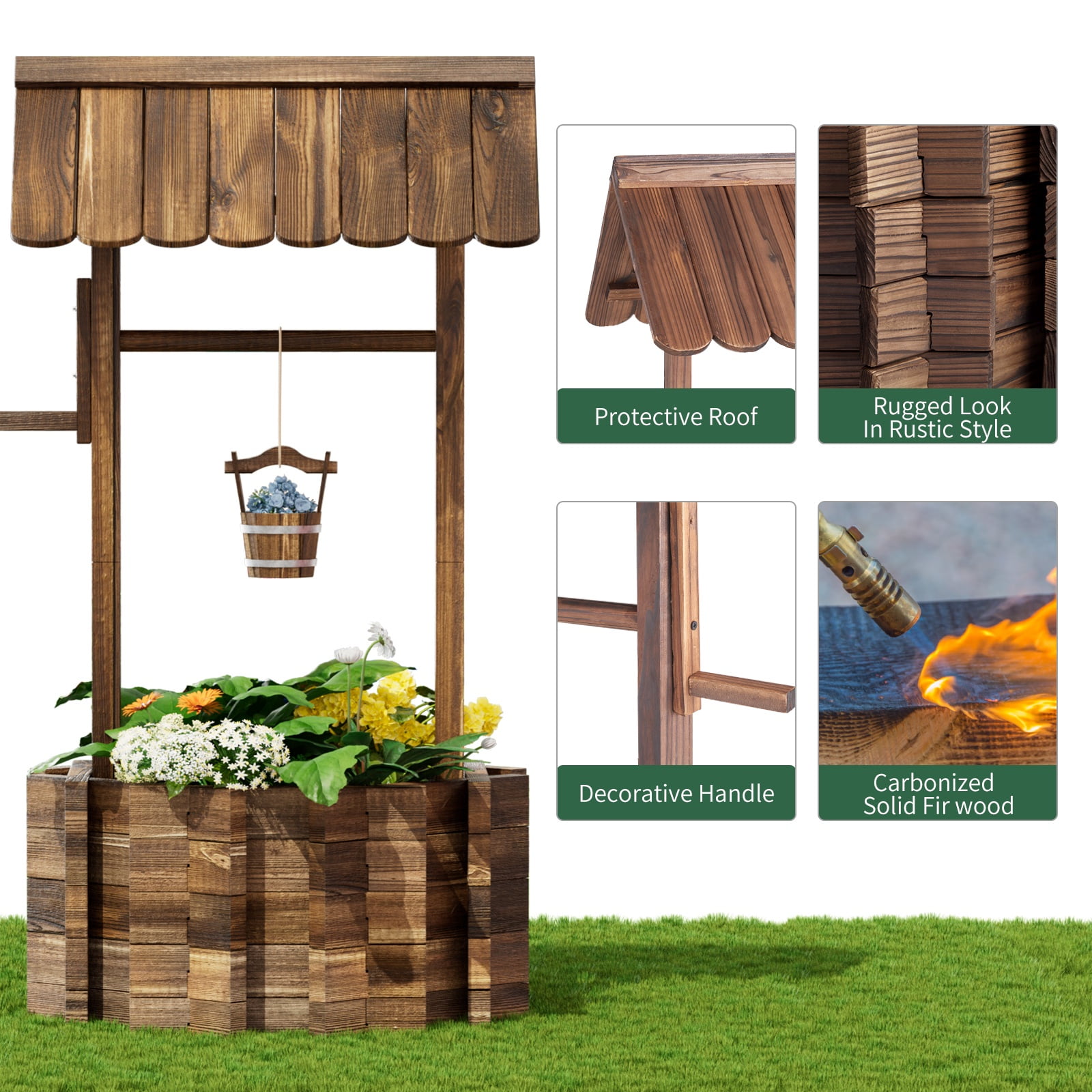 Bapipro Big Wishing Well Planter with Hanging Bucket for Flower and Plants, Wooden, Brown