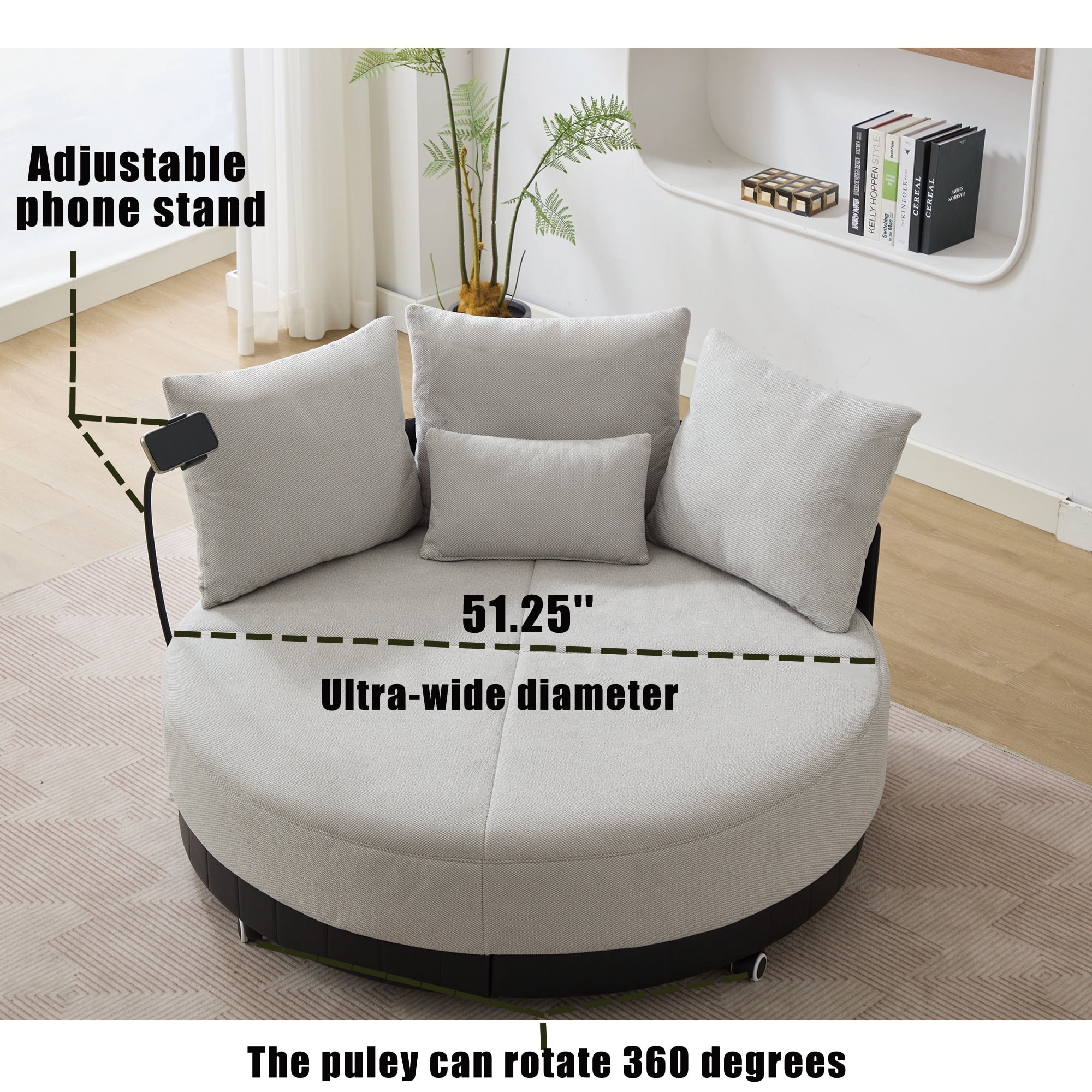 Aukfa 53 in Swivel Accent Chair, Oversized Barrel Chair Read Chair, Adjustable Phone Stand, Gray