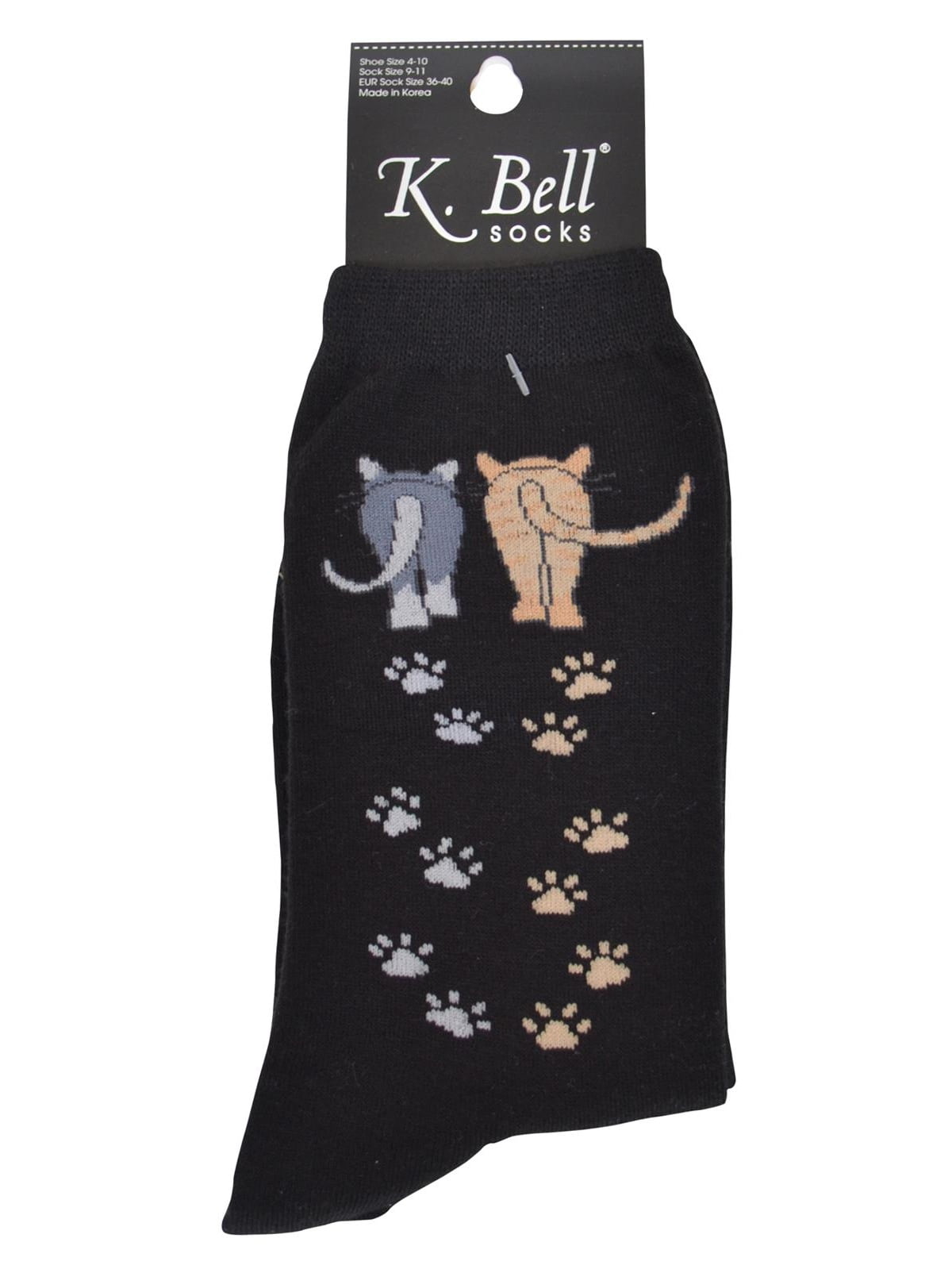 K.Bell Black Walking Cats Catwalk Paw Prints Ladies Crew Cotton Blend Socks New