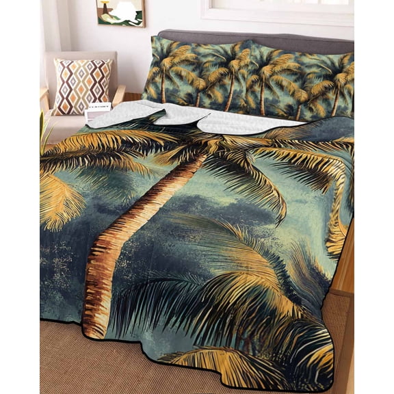Palm Tree Twin Size Down Alternative Comforter, Lightweight Comforter Quilt Bedding Set with Pillow Shams Retro Summer Botanical Tropical Plant Leaves All Seasons Bed Comforter Duvet Insert 68"x86"