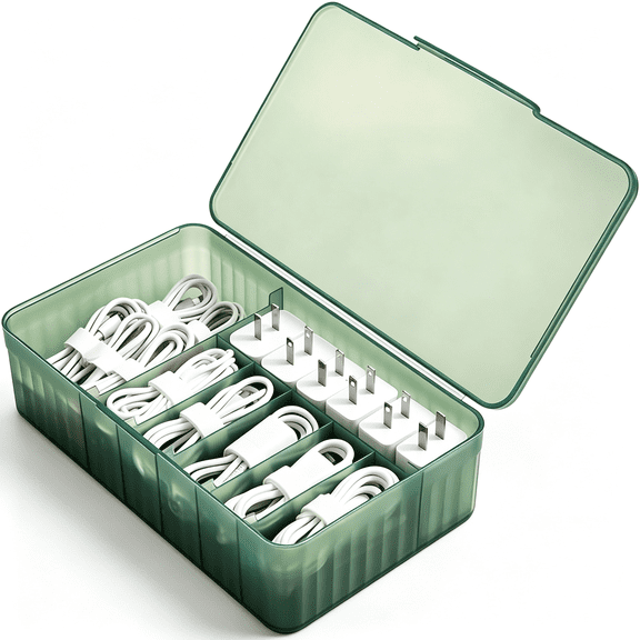 XIBUFE Cable Organizer Box with Lid, Charger Organizer Box with Compartments, Cord Storage Box for Desk, Travel, Office, Cable Storage Box for Electronics Accessories (Dark Green)