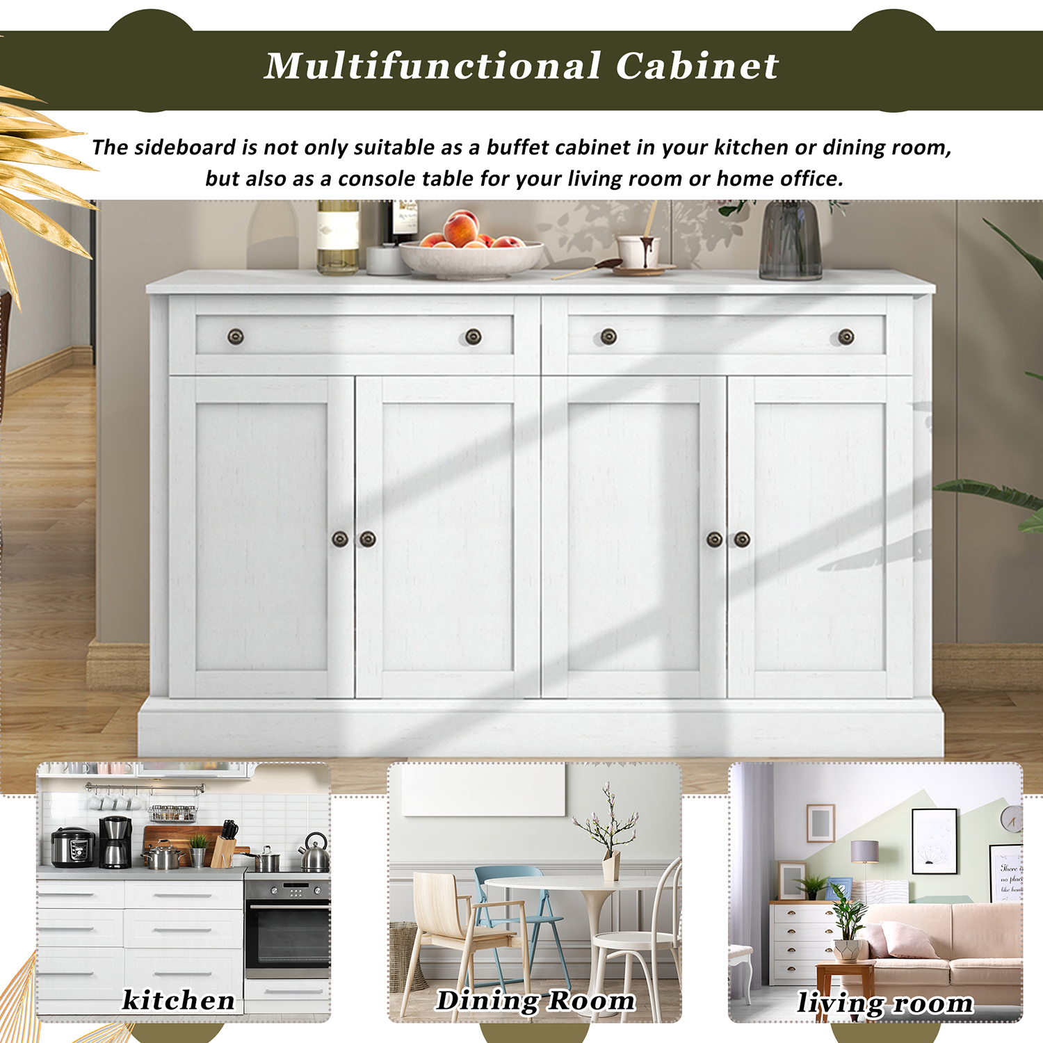 Kadyn Kitchen Sideboard Storage Buffet Cabinet, Modern Farmhouse Storage Cabinet with 2 Drawers & 4 Doors, Floor Cabinet Cupboard for Dining Room, Antique White