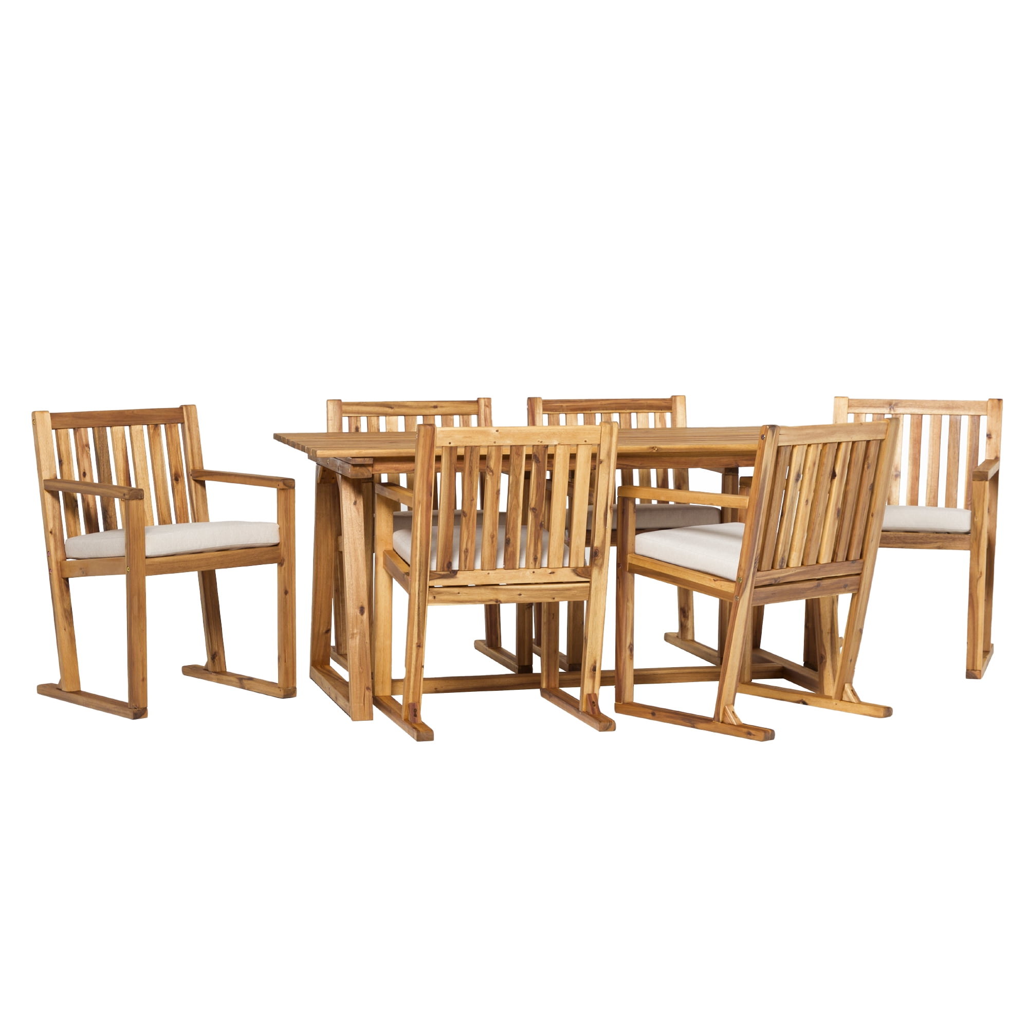 Walker Edison Modern 7-Piece Solid Wood Outdoor Dining Set, Natural