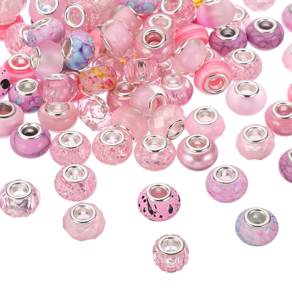 Uxcell Assorted European Craft Beads,100 Pcs Large Hole Beads Spacer Charm for DIY Craft Bracelet Making,Pink