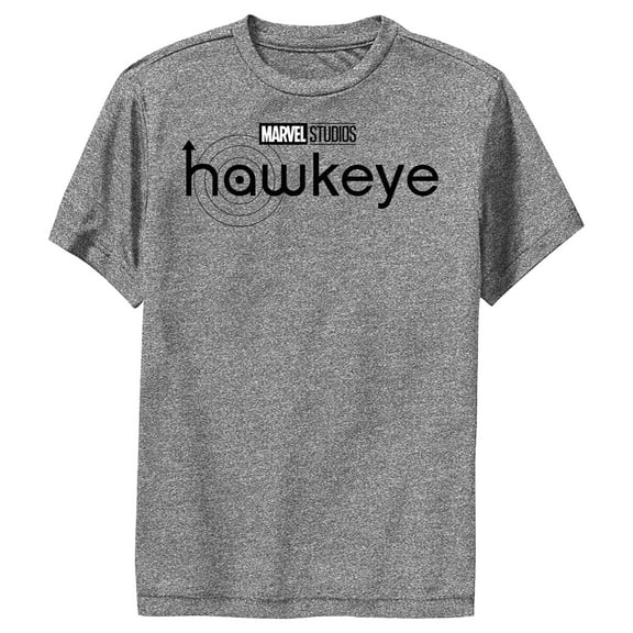 Boy's Marvel Hawkeye Black and White Logo  Performance Graphic Tee Charcoal Heather Large
