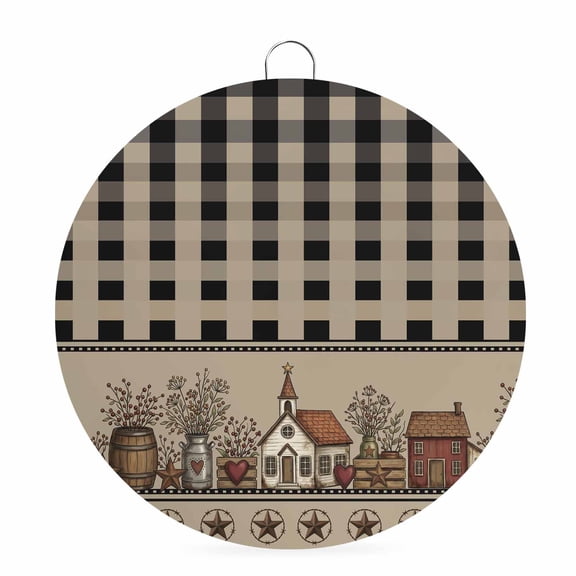 Welcome Sign for Front Door, Farmhouse Barn Round Metal Wall Art Wreaths, Vintage Country House Black Buffalo Plaid Outdoor Indoor Wall Hanging Sign for Porch Decor Housewarming Gifts 7.9 Inch