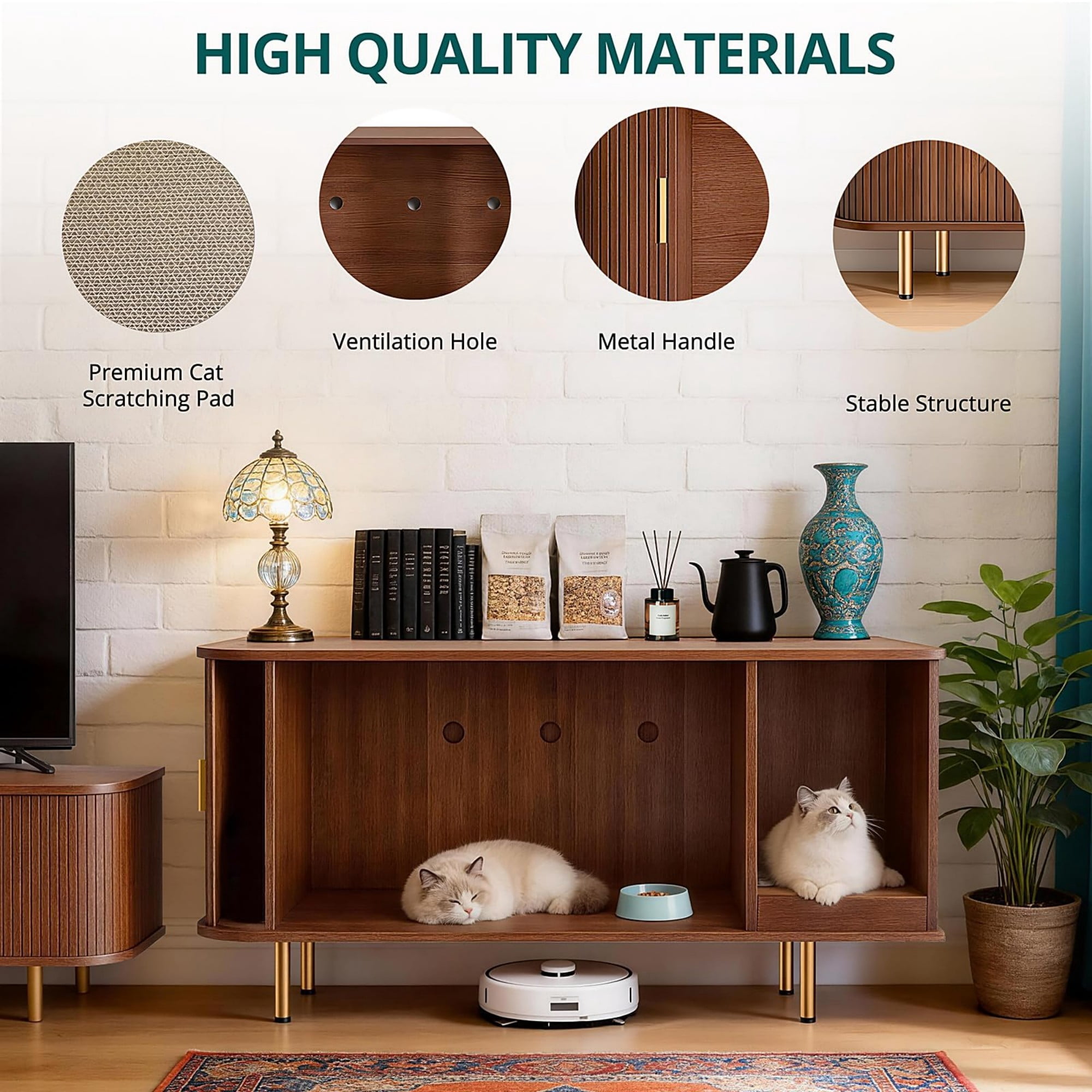 Cat Litter Box Enclosure Furniture with Sliding Door, Hidden Cat House Cabinet with Scratch Pad, Modern TV Stand Side Table, Walnut