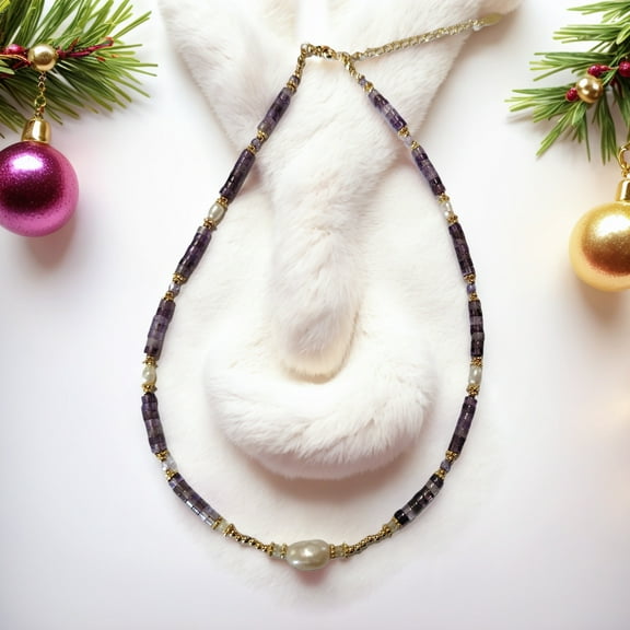 Velvora Fashion Necklace For Women, Natural Stone Beaded Necklace With Pearl, , Dopamine Light Luxury Women's Necklace, Handmade Jewelry For Women Gift, Purple