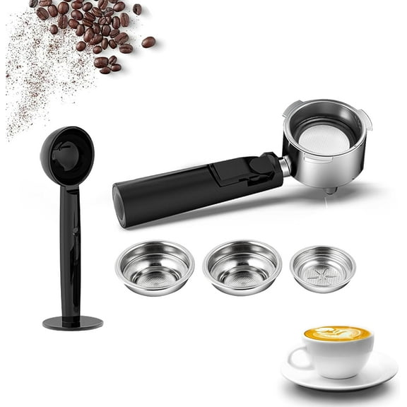 51mm Coffee Espresso Portafilter/Espresso Machine Holder, 3 ears, Double Spouts, with Single   Double Filter Baskets, Black Handle, Stainless Steel Filter Cup Holder