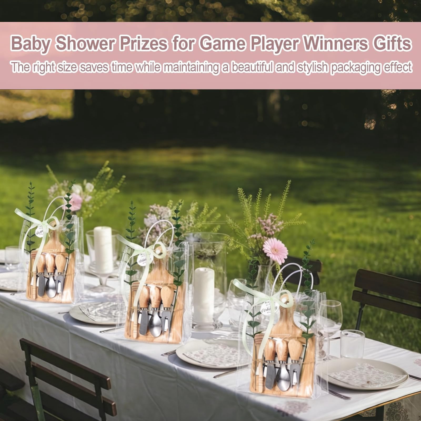 62 Pcs/6 Set Baby Shower Prizes for Game Winners, Bamboo Cheese Board Gift for Guest with Knives Fork Spoon, Honey Sticks, Tablecloth, Eucalyptus Stem, Gift Bag, Bridal Shower Party Favors