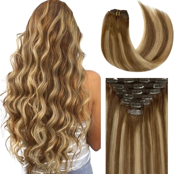 Lacer Clip in Hair Extensions Real Human Hair 18 Inch Chocolate Brown to Caramel Blonde Remy Human Hair Extensions Clip ins Straight Natural Hair Extensions 120g 7pcs