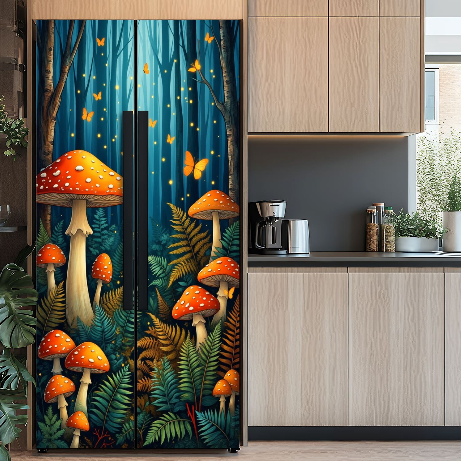 Self Adhesive Vinyl Refrigerator Wrap Set Magical Forest Vibrant Red Mushrooms Butterflies Botanical Door Mural Removable Fridge Sticker Peel and Stick&nbsp;Full Door Cover Decal Kitchen Bar Decor