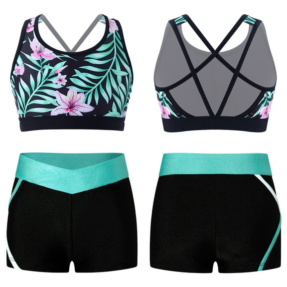 Raenseen Kids Girls Two Piece Tankini Swimsuits Crop Tops with Boyshorts UPF 50 Athletic Dance Lily 12