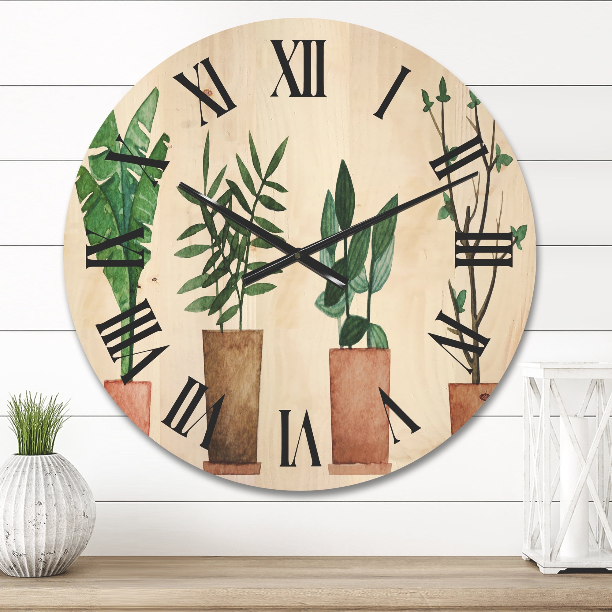 Designart 'Duo of Potted Flowers House Plants In Claypots' Farmhouse Wood Wall Clock