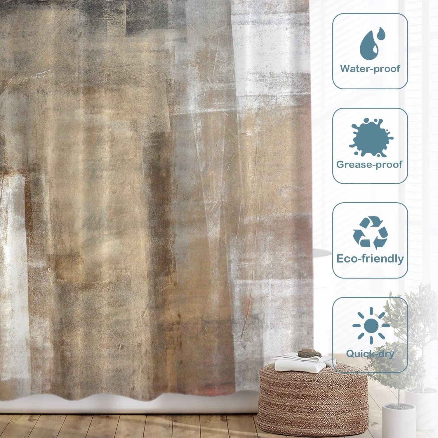 Brown Beige Abstract Art Decorative Shower Curtain, Brown Art Abstract Acrylic Painting Shower Curtain Cute Long Wide Shower Curtain with Rust Proof Grommets for Bathroom Waterproof Washable