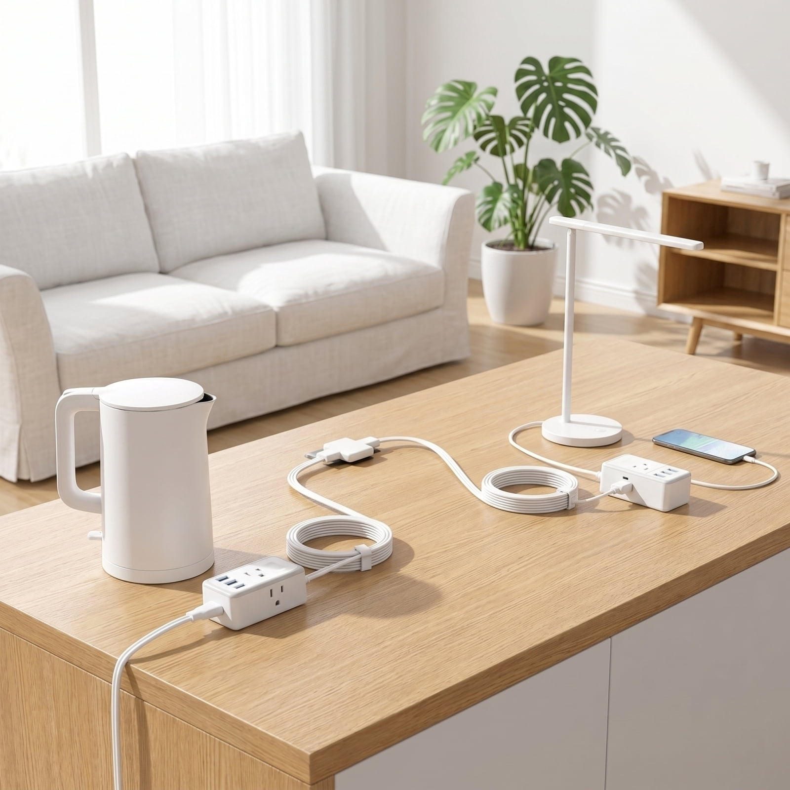 Split Extension Power Strip, Low Profile Flat Plug, 1 Pack with 6 Grounded Outlets and 6 USB Ports, Splitsided Overlong Extension for Home Office Dormitory Behind Furniture