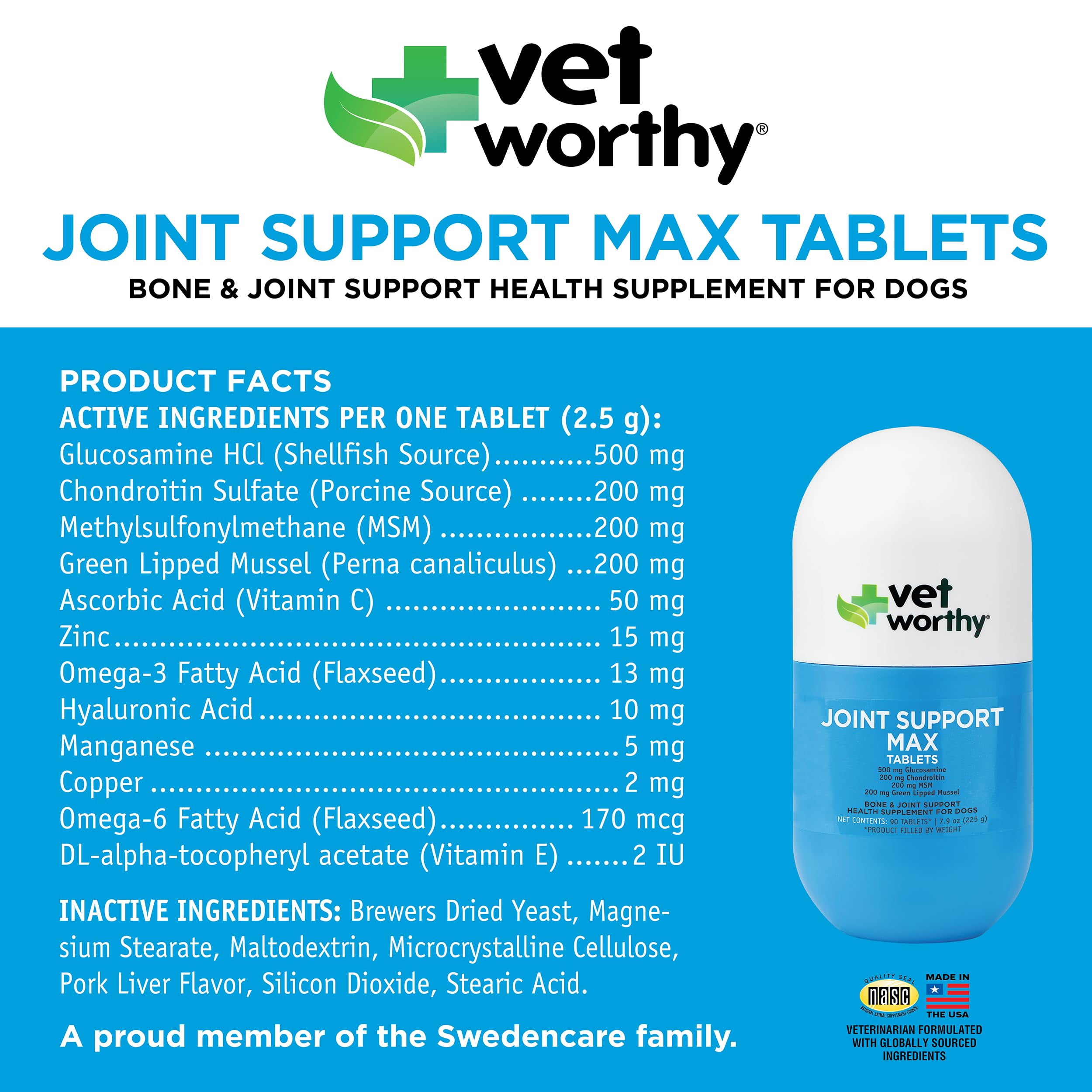 Vet Worthy Joint Support Max Tablets - Bone and Joint Supplement for Dogs - Rich in Glucosamine Chondroitin for Dogs & MSM - Formulated for Stiffness, Mobility, and Cartilage Protection – 90 Count