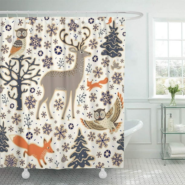 Bsdhome Christmas Winter Forest Owls Deer Fox Squirrel Birds Trees And Snowflakes Woodland Waterproof Bathroom Shower Curtains Set 66x72 Inch