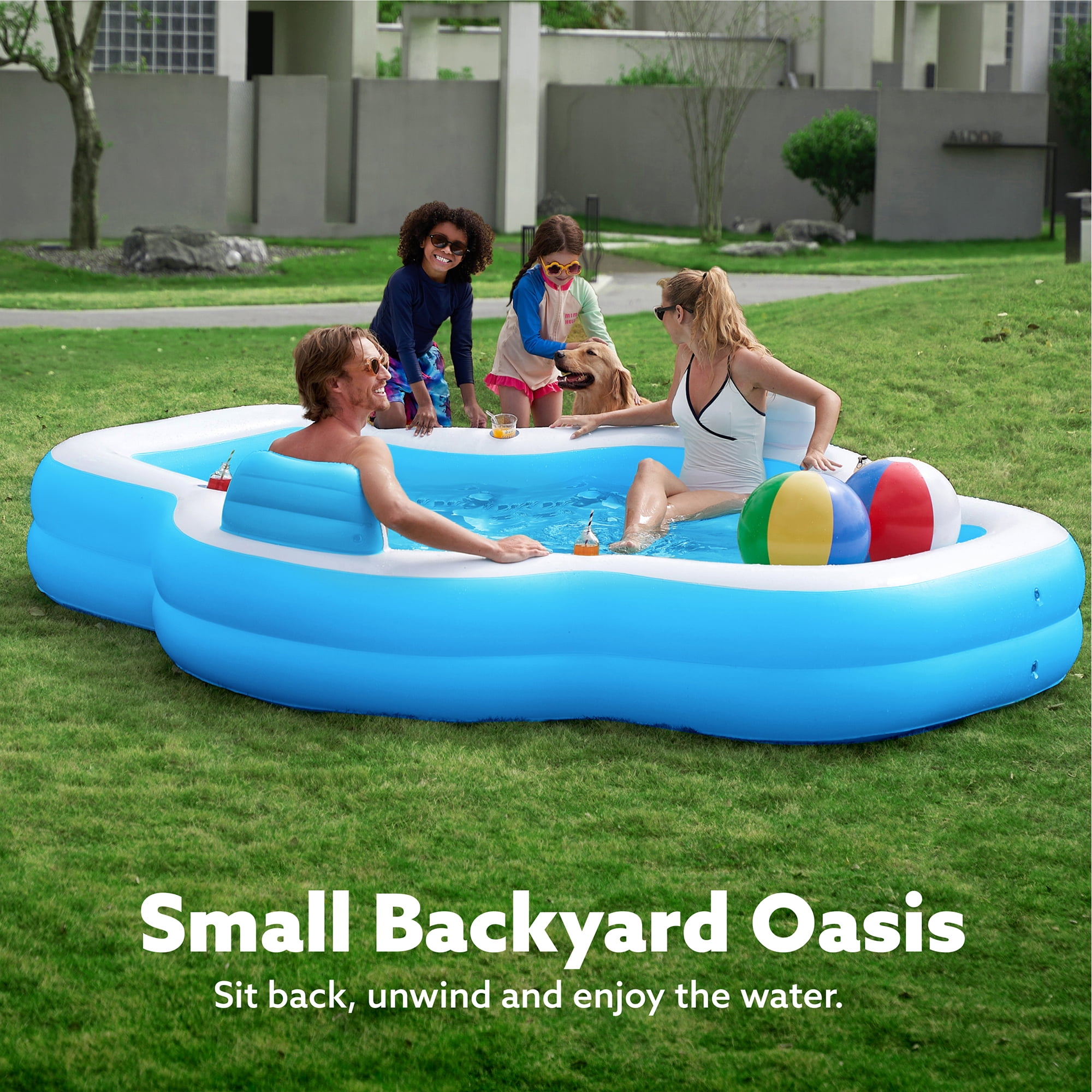 JOYFY Big Inflatable Pool for Kids Adults with Seats, Full-Sized Blow Up, Above Ground Family Pool with Backrest Cup Holders for Summer Water Party Backyard Garden Lawn, Blue