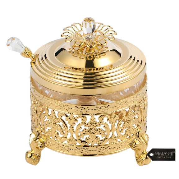 Matashi 24K Gold Plated Sugar Bowl, Honey Dish with Glass Bowl and Crystal Studded Spoon – Intricate Floral Design – 1 Count