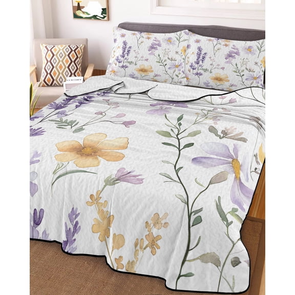 Purple Yellow Flowers Twin Size Down Alternative Comforter, Lightweight Comforter Quilt Bedding Set with Pillow Shams Spring Pastoral Botanical Floral All Seasons Bed Comforter Duvet Insert 68"x86"