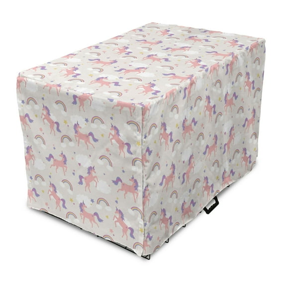 Rainbow Dog Crate Cover, Dreamy Unicorn Pattern Repetitive Clouds Stars, Easy to Use Pet Kennel Cover Small Dogs Puppies Kittens, 7 Sizes, Pale Salmon Multicolor, by Ambesonne