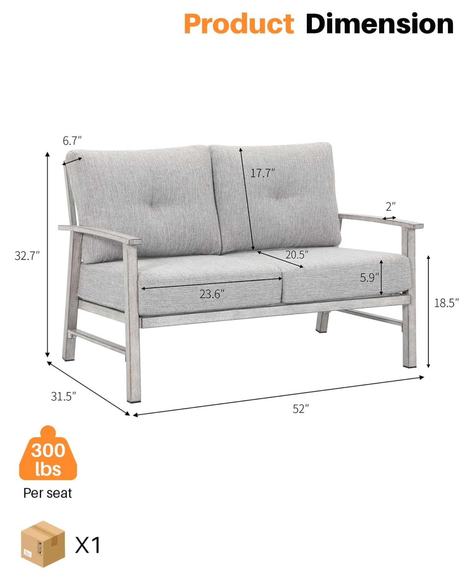 Patio Furniture Loveseat Sofa, Outdoor Aluminum Patio Couch with 5.9" Thick Cushions, All Weather 2-Seat Outdoor Conversation Sofa, Modern Patio Loveseat for Garden, Backyard, Porch, Silver Gray