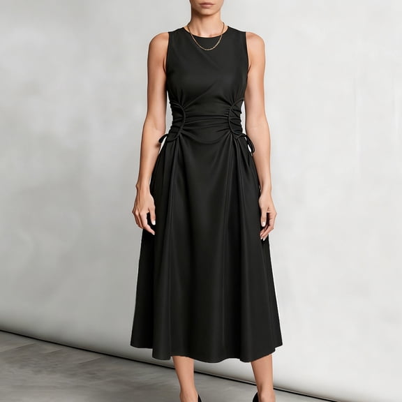 NSLGXD Cocktail Dresses for Women Smocked Waist Sleeveless Tank Black Dress Formal A Line Flowy Wedding Guest Dress Summer Casual Round Neck Midi Dresses Black Dress,Size S-2XL