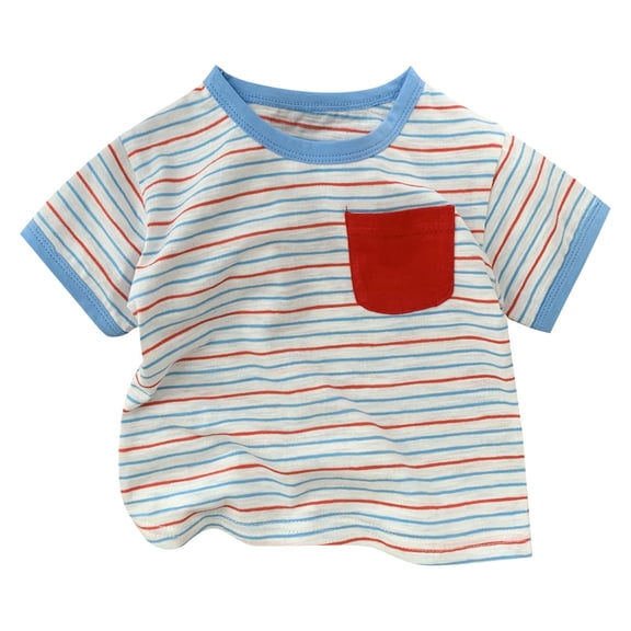 CPNG Toddler Little Boys Girls Summer Short Sleeved Striped Pattern Chest Pocket T-Shirt Crewneck Basic Tees Casual Tops(Red,3-4 Years)