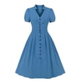 thumbnail image 2 of QLEICOM 1950's Dresses for Women Vintage, Short Sleeve V-Neck Lapel Dress, Solid Formal Stretch Slim Button High Waist Swing Dress, Audrey Hepburn Style Party Dresses Blue XXL, 2 of 3