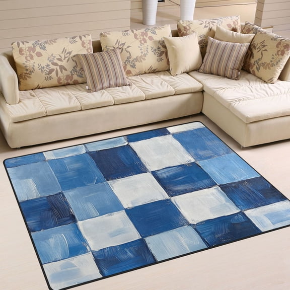 Yayeee Area Rugs for Living Room 6.7'x4.8' Indoor Non Slip Washable Bedroom Carpet, Blue and Gray Plaid Pattern